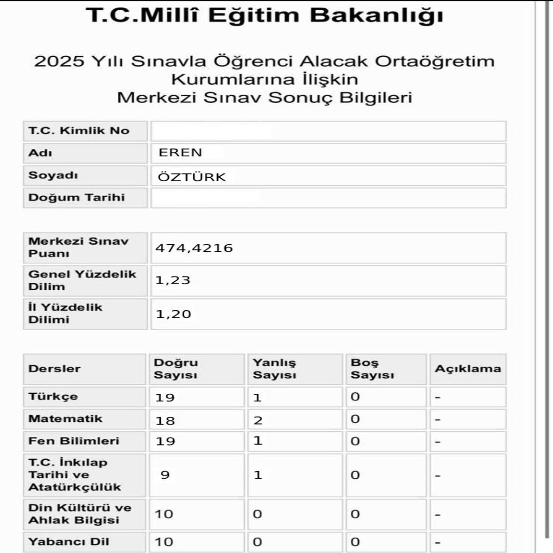 eren lgs sonuç belgesi