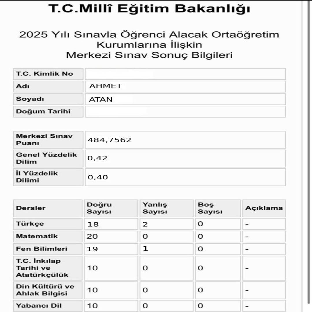 ahmet lgs sonuç belgesi