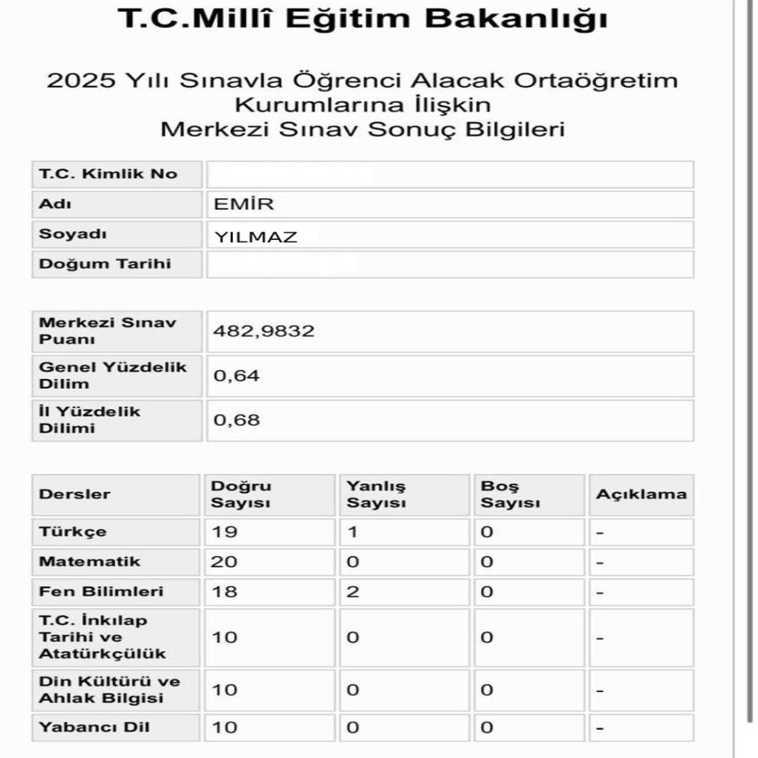 emir lgs sonuç belgesi